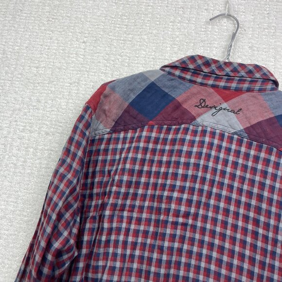Desigual Button Up Shirt Mens L Red / Blue Asymmetrical Plaid Boho - Picture 16 of 16
